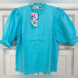 NWT SZ L SMALL FLAW Maude Vivante Turquoise Puff-Sleeve Cotton Top